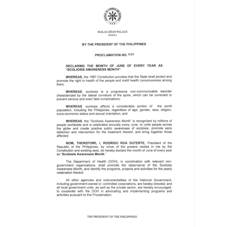 Championed Presidential Proclamation No. 620 S. 2018, declaring June Scoliosis Awareness Month.